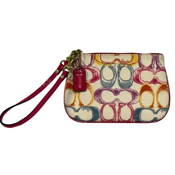 Coach F48793 Colorful Signature With Pink Patent Leather Trim Pouch Wristlet - Picture 1 of 10